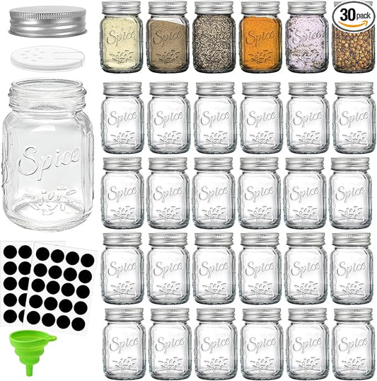 Coloch 30 Pack 4 Oz Glass Mason Spice Jar with Shaker Lids& Labels, Empty Spice Bottle Mini Mason Jars with Airtight Metal Caps and Collapsible Funnel for Herbs & Spices by Coloch