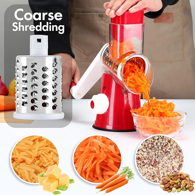 Rotary Cheese Grater Shredder, Speed Kitchen Manual Round Mandolin Slicer Safe Grinder with 3 Interchangeable Blades for Nuts, Carrot, Hashbrown, Garlic, Walnut, Potato, Chocolate (Red) - Image 3
