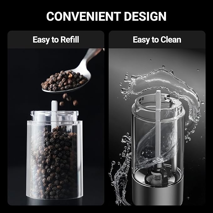 ThermoMaven Electric Salt and Pepper Grinder Set, 110ml Larger Rechargeable Automatic Salt and Pepper Mill Grinder with 6 Adjustable Coarseness, Salt and Pepper Shakers, LED, 2 Packs, Black & White - Image 6