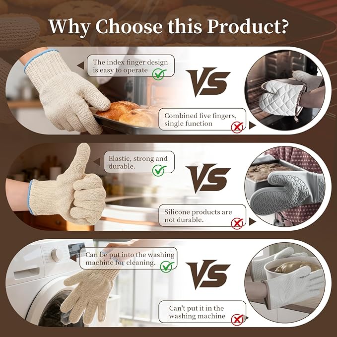 Hovico Heat Resistant Oven Gloves, Ove Glove BBQ Gloves Heat Resistant Cooking Oven Mitts with Fingers Grilling Glove, Full Hand Protection, Grill Gloves for Outdoor Hot Food Handling (Set of 2) - Image 8