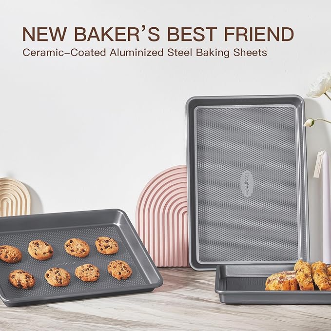 HONGBAKE 3 Pack Nonstick Ceramic Baking Sheet Pan Set for Oven, Non-Toxic Half/Quarter/Jelly Roll Pans with Diamond Texture, 0.8mm Aluminized Steel Cookie Trays for Cooking, Charcoal Gray - Image 4