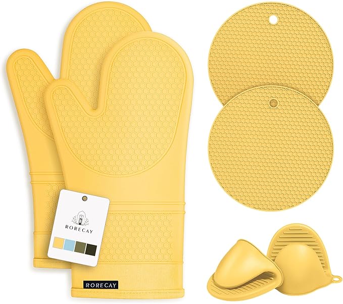 Rorecay Oven Mitts and Pot Holders Sets 6pcs, Extra Long Kitchen Silicone Oven Gloves Heat Resistant 500 Degrees Non-Slip Potholders Hot Pads for Baking Cooking, Quilted Liner, Samoan Sun by Rorecay