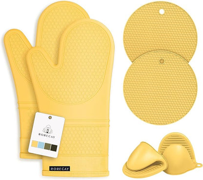 Rorecay Oven Mitts and Pot Holders Sets 6pcs, Extra Long Kitchen Silicone Oven Gloves Heat Resistant 500 Degrees Non-Slip Potholders Hot Pads for Baking Cooking, Quilted Liner, Samoan Sun by Rorecay