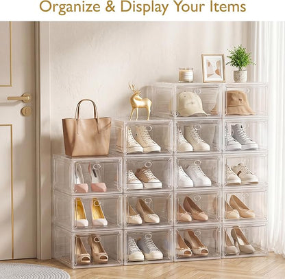Thickened Clear Shoe Storage Organizer with Magnetic Door, Sturdy Stackable Shoe Boxes for Closet, Collapsible Space-Saving Shoe Rack for Sneakers & Boots, Plastic Shoe Cabinet Box Set, 6 Pack, White