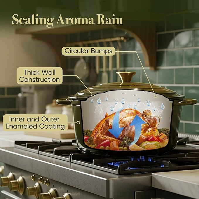 4.5 Quart Dutch Oven Pot with Lid, Non Stick Enameled Cast Iron Dutch Oven for Bread Baking, Heavy-Duty, Oven Safe Ceramic Cookware Up to 500°F for Baking, Braising, Stews, Roasting, Golden Green - Image 7