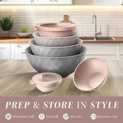 COOK WITH COLOR Mixing Bowls with Lids - 12 Piece Plastic Nesting Bowls Set includes 6 Prep Bowls and 6 Lids, Microwave Safe Mixing Bowl Set, Grey/Pink Diamond - Image 2