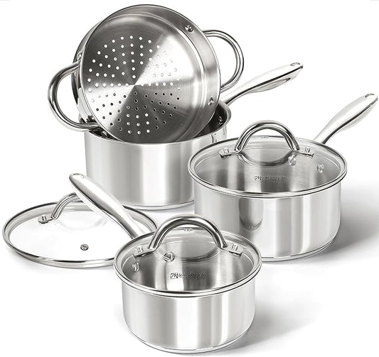 MICHELANGELO Saucepan Set 6pc with Steamer Insert, 18/10 Stainless Steel Sauce Pans with Lids, Tri-Ply Bottom Sauce Pots, Induction Compatible, 1QT & 2QT & 3QT by Michelangelo