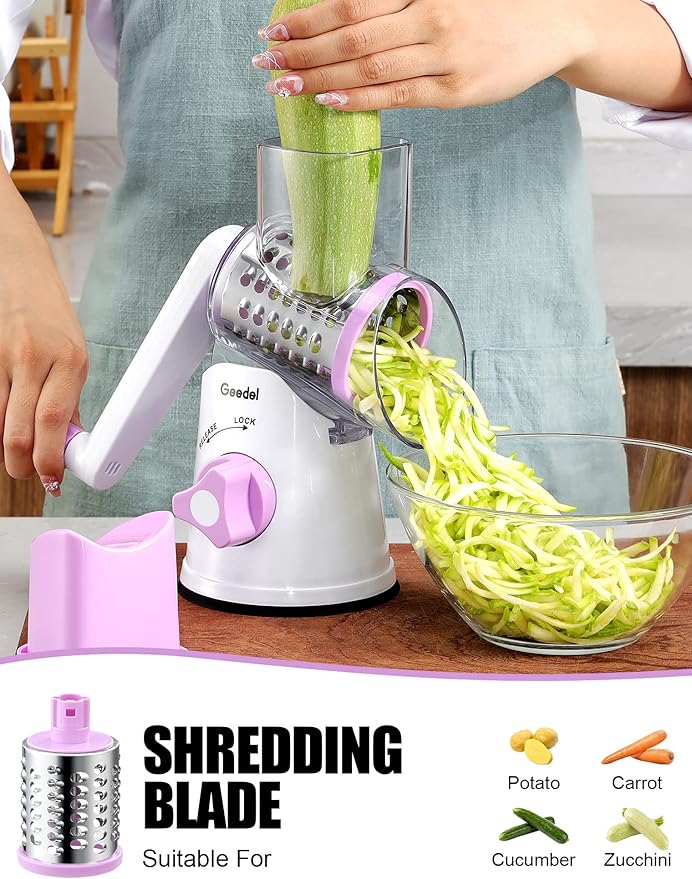 Geedel Rotary Cheese Grater, Kitchen Mandoline Vegetable Slicer with 3 Interchangeable Blades, Easy to Clean Rotary Grater Slicer for Fruit, Vegetables, Nuts - Image 4