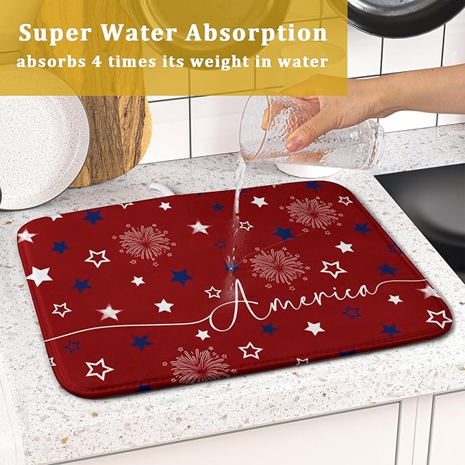 Giwawa 4th of July Dish Drying Mat 16"x18" Patriotic Usa Stars America Firework Dish Drainer Mats Independece Day Reversible Microfiber Dish Drying Pad for Kitchen Countertop Small Decor