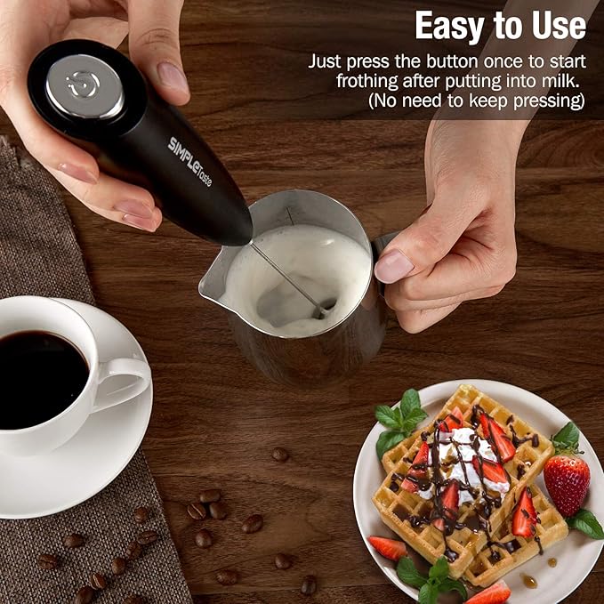 SIMPLETASTE Milk Frother Handheld Electric Foam Maker, Drink Mixer with Stainless Steel Whisk for Cappuccino, Bulletproof Coffee, Latte, Black, with Stand, Battery Operated - Image 2