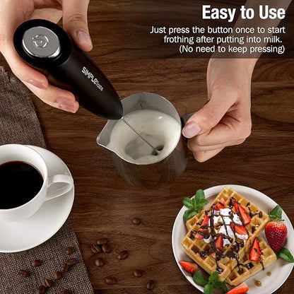 SIMPLETASTE Milk Frother Handheld Electric Foam Maker, Drink Mixer with Stainless Steel Whisk for Cappuccino, Bulletproof Coffee, Latte, Black, with Stand, Battery Operated - Image 2