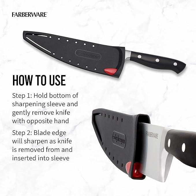 Farberware Edgekeeper 8-Inch Forged Triple Riveted Chef Knife with Self-Sharpening Blade Cover, High Carbon-Stainless Steel Kitchen Knife with Ergonomic Handle, Razor-Sharp Knife, Black - Image 4
