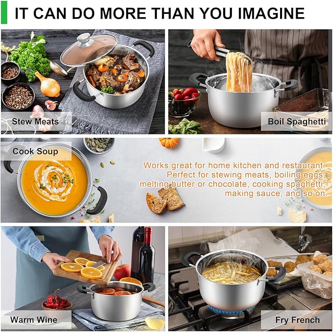 P&P CHEF 4 Qt Stockpot with Lid, Stainless Steel Cooking Stock Pot for Soup, Heat-Proof Double Handles with Visible Lid, Dishwasher Safe & Healthy, 1-Ply Metal