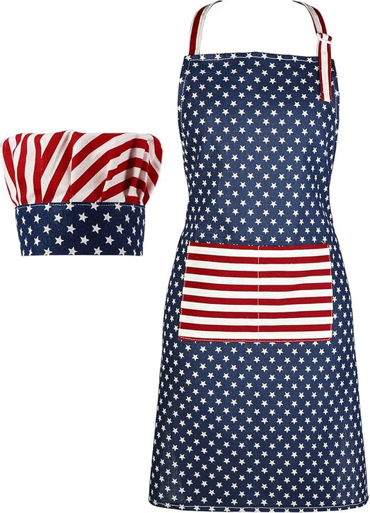 SATINIOR USA 4th of July Flag Kitchen Chef Hat Adjustable Apron 250th Independence Day Apron Patriotic Aprons for Men Women