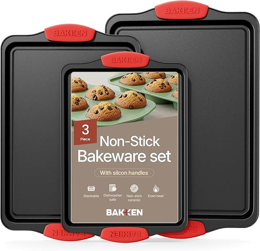 Baking Pan Set – 3 Piece Cookie Sheet – Deluxe Black Non-Stick Carbon Steel – Silicone Handles – Commercial Grade Restaurant Quality – PFOA PFOS and PTFE Free by Bakken by BAKK%C3%8BNMASTER