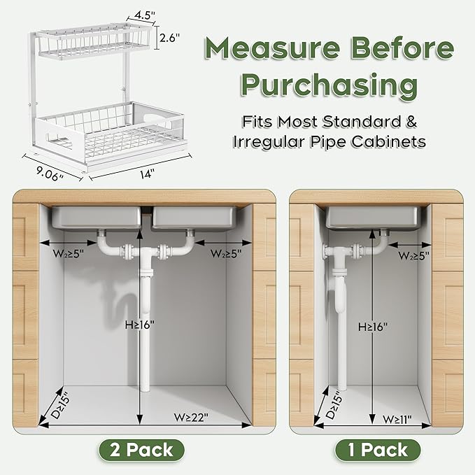 Under Sink Organizer, Cabinet Organizer for Kitchen, Height Adjustable Pull Out Heavy Duty 2 Tier Metal Under Sink Storage for Bathroom Pantry (White, 1 Pack) - Image 2