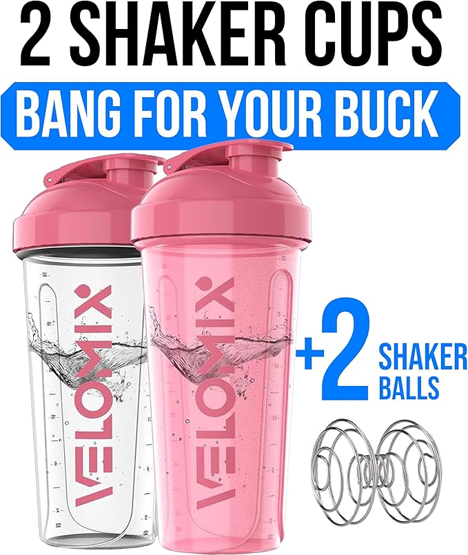 VELOMIX -2 Pack- 28 oz Protein Shaker Bottles for Protein Mixes - 2x Wire Whisk | Leak Proof Shaker Cups for Protein Shakes and Pre Workout | Protein Shaker Bottle Pack (B6) Pink/Transparent