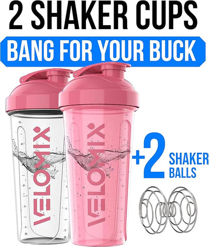 VELOMIX -2 Pack- 28 oz Protein Shaker Bottles for Protein Mixes - 2x Wire Whisk | Leak Proof Shaker Cups for Protein Shakes and Pre Workout | Protein Shaker Bottle Pack (B6) Pink/Transparent