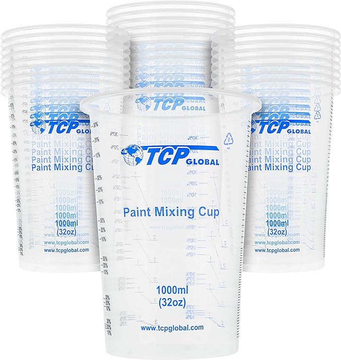 TCP Global 32 oz. (1000ml) Graduated Plastic Mixing Cups (Box of 25) - Disposable Plastic Measuring Cups for Liquids, Paints, Resin, Epoxy, Art, Kitchen - Ratios 2-1, 3-1, 4-1 ML by TCPGlobal