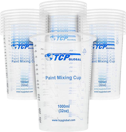 TCP Global 32 oz. (1000ml) Graduated Plastic Mixing Cups (Box of 25) - Disposable Plastic Measuring Cups for Liquids, Paints, Resin, Epoxy, Art, Kitchen - Ratios 2-1, 3-1, 4-1 ML by TCPGlobal