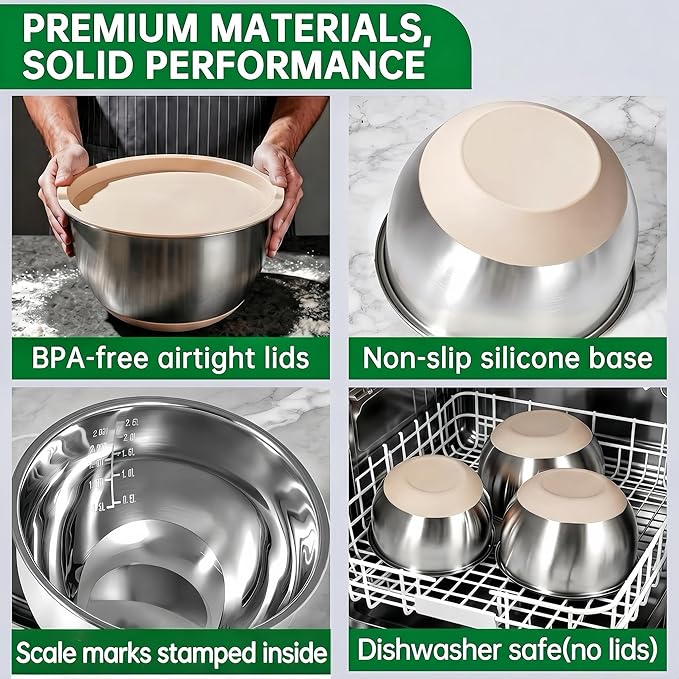 Deedro Premium Mixing Bowls with Airtight Lids Set, 22Pcs Thicker Stainless Steel Mixing Bowl Set, Large Prep Metal Bowls, Non-Slip Silicone Base Nesting Bowls for Kitchen, 1.5/2/3/4/5 QT, Khaki - Image 8