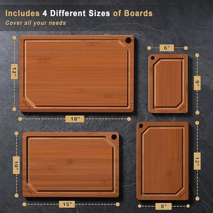 Hiware 4 Pieces Extra Large Wooden Cutting Boards Set- Bamboo Cutting Boards for Kitchen Meal Prep & Serving, Cutting Board with Deep Juice Groove & Built-in Handles, Charcuterie & Chopping Board - Image 2