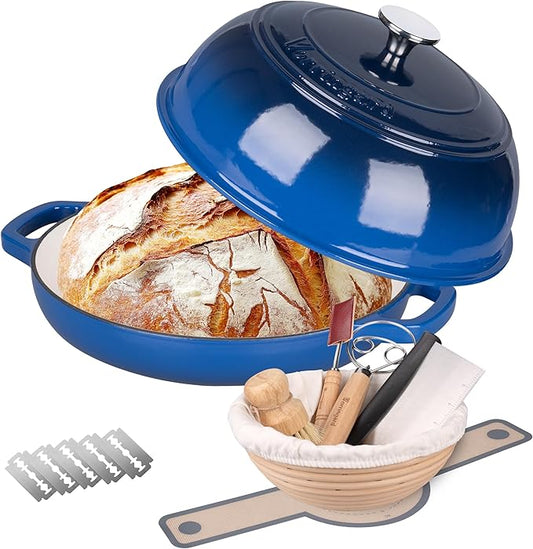 VORRINGARD Enameled Cast Iron Dutch Oven Pot with Lid, Bread Oven for Sourdough Bread Baking, Dutch Ovens with Bread Proofing Basket& Baking Supplies Set, 6 Quart, Blue