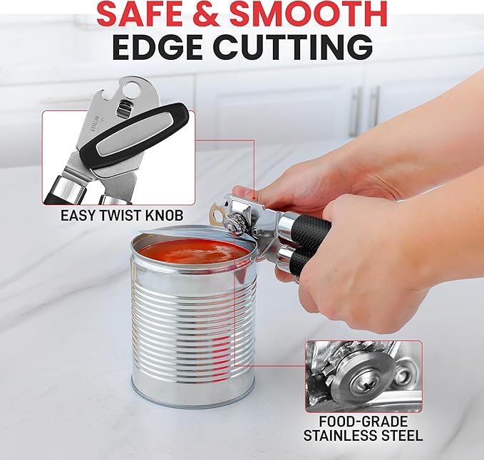 Zulay Kitchen Can Opener with Large Bottle Opener - Heavy Duty Stainless Steel Manual Can Opener with Turn Knob and Soft Grip Handles - Black - Image 3