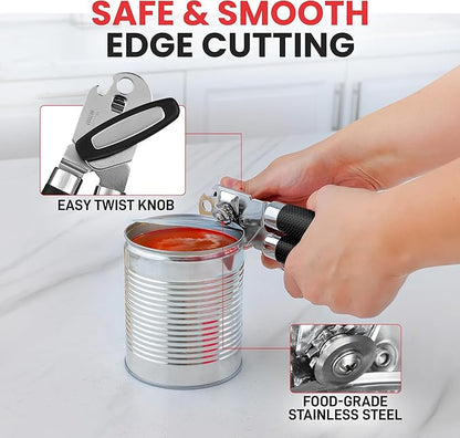 Zulay Kitchen Can Opener with Large Bottle Opener - Heavy Duty Stainless Steel Manual Can Opener with Turn Knob and Soft Grip Handles - Black - Image 3