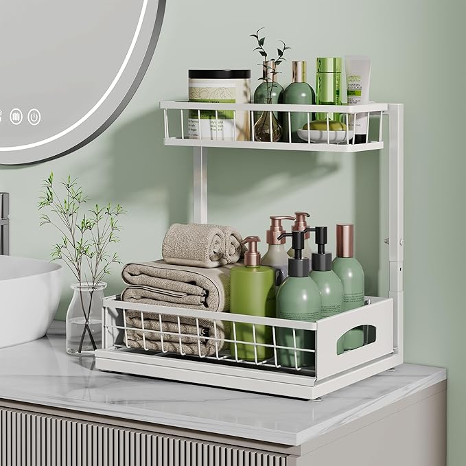 Under Sink Organizer, 2 Pack Cabinet Organizer for Kitchen, Height Adjustable Pull Out Heavy Duty 2 Tier Metal Under Sink Storage for Bathroom Pantry (White, 2 Pack) - Image 7