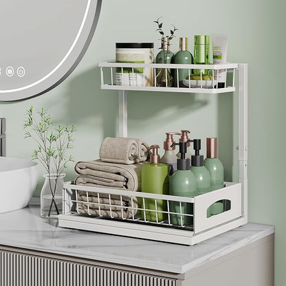 Under Sink Organizer, 2 Pack Cabinet Organizer for Kitchen, Height Adjustable Pull Out Heavy Duty 2 Tier Metal Under Sink Storage for Bathroom Pantry (White, 2 Pack) - Image 7