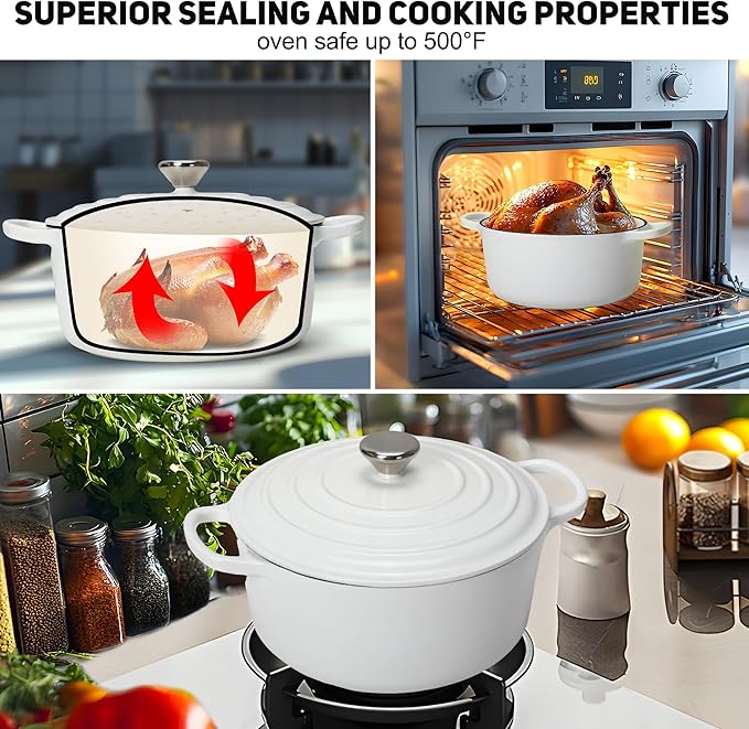 5QT Enameled Cast Iron Dutch Oven for Bread Baking with Lid, Sourdough Baking Supplies with Proofing Basket, Bread Making Tools Set, Heavy-Duty Cookware for Braising, Stews, Roasting (White)