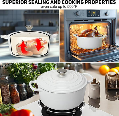 5QT Enameled Cast Iron Dutch Oven for Bread Baking with Lid, Sourdough Baking Supplies with Proofing Basket, Bread Making Tools Set, Heavy-Duty Cookware for Braising, Stews, Roasting (White)