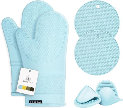 Rorecay 6pcs Oven Mitts and Pot Holders Sets, Extra Long Silicone Oven Gloves Heat Resistant 500 Degrees Non-Slip Potholders Hot Pads for Kitchen Baking Cooking, Quilted Liner, Winter Sky by Rorecay