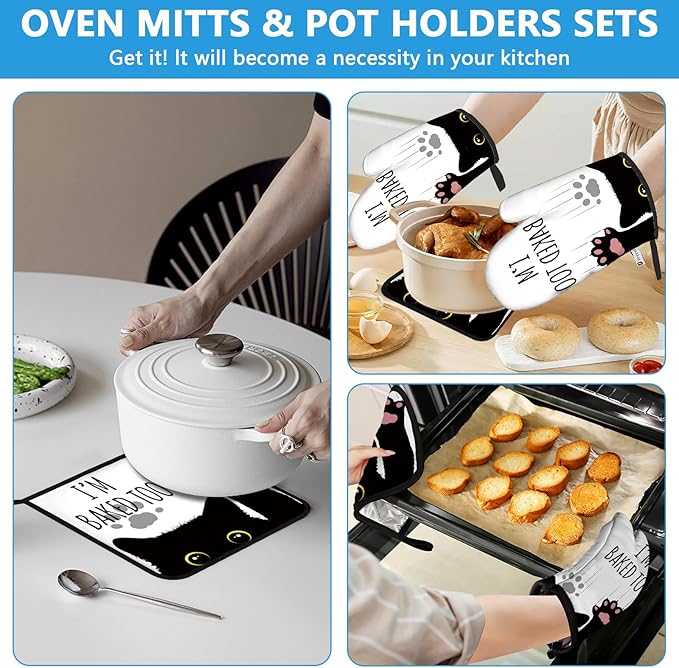 Funny Black Cat Oven Mitts and Pot Holders Sets Heat Resistant 4Pcs Potholders Oven Gloves Hot Pads for Kitchen Baking Cooking Grilling BBQ