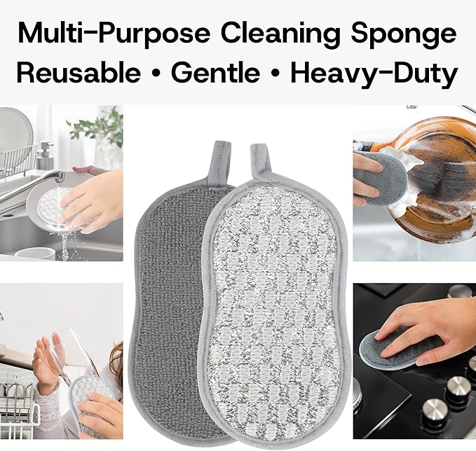 Multi-Purpose Scrub Kitchen Sponges – 12 Pack Dish Sponge, Dual-Sided Non-Scratch Microfiber & Metal Scrubber, Reusable Sponges for Dishes, Pots, Glass, Sink, Stovetop & Bathroom (Gray) - Image 4