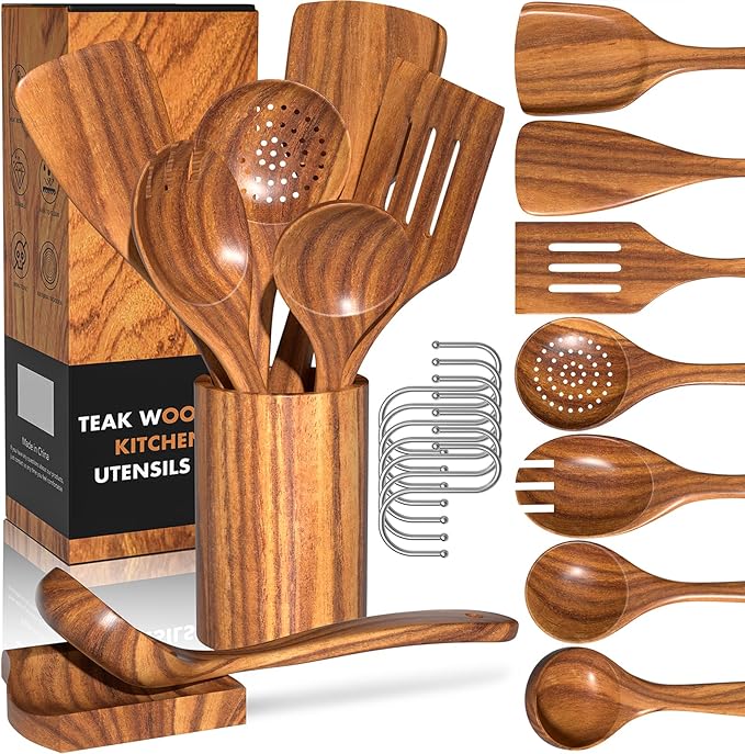 Natural Teak Kitchen Cooking Utensil Set with Holder, Wooden Spoons for Cooking, 10PCS Cooking Spatulas Set with Spoon Rest, Wooden Utensil Set for Nonstick Cookware Sturdy & Lightweight by UmiteChef