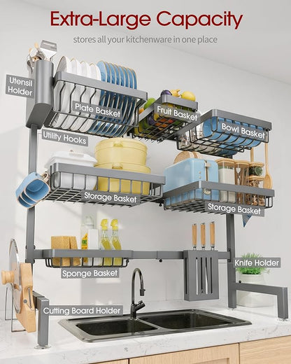 Sakugi Dish Drying Rack - Over The Sink Dish Drainer Drying Rack with Utensil & Knife Holder, Hooks, Stainless Steel Kitchen Organizers and Storage Solution, 11.8" D x 31.5"~39.0''W x 30" H, Gray - Image 4