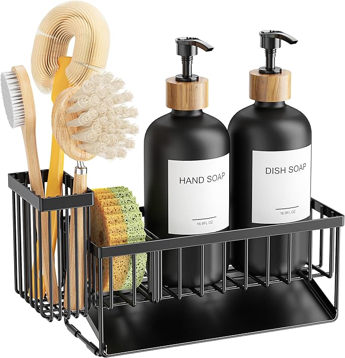 Cisily Kitchen Dish Soap Dispenser Set with 2 Pack 16.9oz Black Glass Bottle and Sponge Holder, Dish Soap Dispensers with Adjustable Sponge Holder, Vintage Hand and Dish Soap Dispensers Set - Image 9