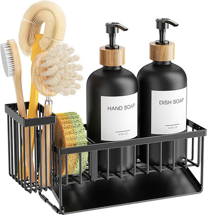 Cisily Kitchen Dish Soap Dispenser Set with 2 Pack 16.9oz Black Glass Bottle and Sponge Holder, Dish Soap Dispensers with Adjustable Sponge Holder, Vintage Hand and Dish Soap Dispensers Set - Image 9