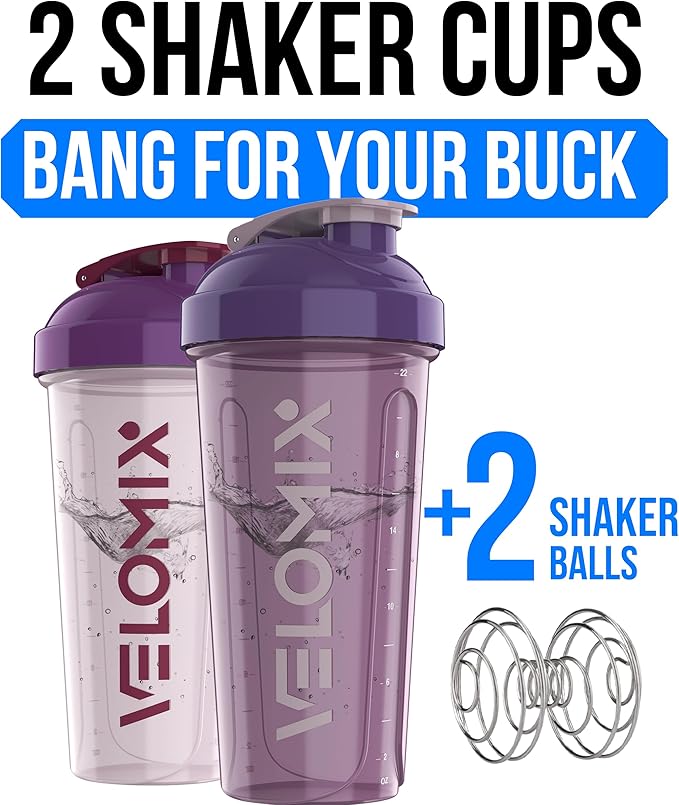 VELOMIX -2 Pack- 28 oz Protein Shaker Bottles for Protein Mixes - 2x Wire Whisk | Leak Proof Shaker Cups for Protein Shakes and Pre Workout | Protein Shaker Bottle Pack (B7) Purple Mix