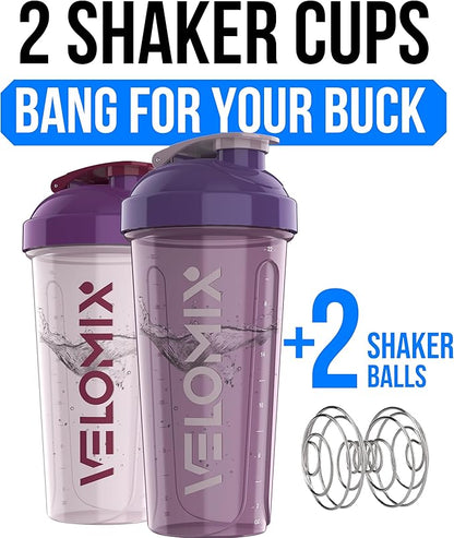 VELOMIX -2 Pack- 28 oz Protein Shaker Bottles for Protein Mixes - 2x Wire Whisk | Leak Proof Shaker Cups for Protein Shakes and Pre Workout | Protein Shaker Bottle Pack (B7) Purple Mix