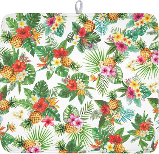 Summer Tropical Dish Drying Mat for Kitchen Counter Hawaii Palm Leaves Floral Pineapple Microfiber Dish Drainer Mat Rustic Absorbent Washable Drying Pad Extra Large 16"x18"