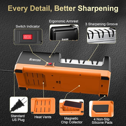 Knife Sharpener Electric for Kitchen Knives, with 100% Diamond Abrasives and Precision Angle Guides, 3-Stage Professional Automatic Quickly Sharpening/Polishing, Black/Orange - Image 4