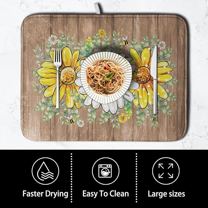 Rustic Daisy Floral Dish Drying Mat for Kitchen Counter Spring Summer Sunflower Dish Drying Mat Bee Absorbent Microfiber Dish Mat Reversible Dish Drainer Rack Mat Large 18x24 Inch - Image 4