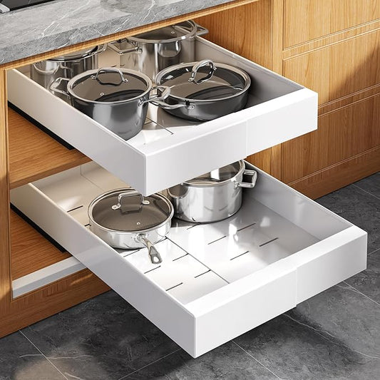 Seinloes 2 Pack Expandable Pull Out Cabinet Organizer 21" Deep with Raising Pad for Framed Cabinets,Upgrade 3 Slide Rails Slide Out Drawers,Roll Out Shelves Adhesive,Adjustable Width 9"-14.1" White by Seinloes