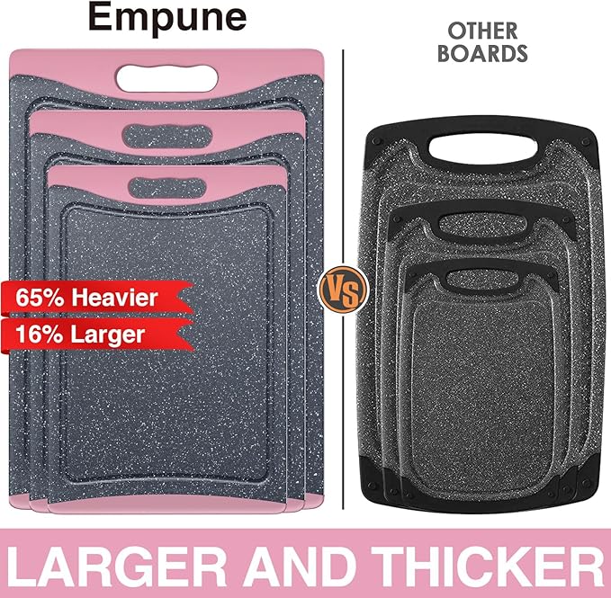Extra Large Cutting Boards, Plastic Cutting Boards for Kitchen (Set of 3) Cutting Board Set Dishwasher Chopping Board with Juice Grooves Easy-Grip Handles, Pink, Empune - Image 2