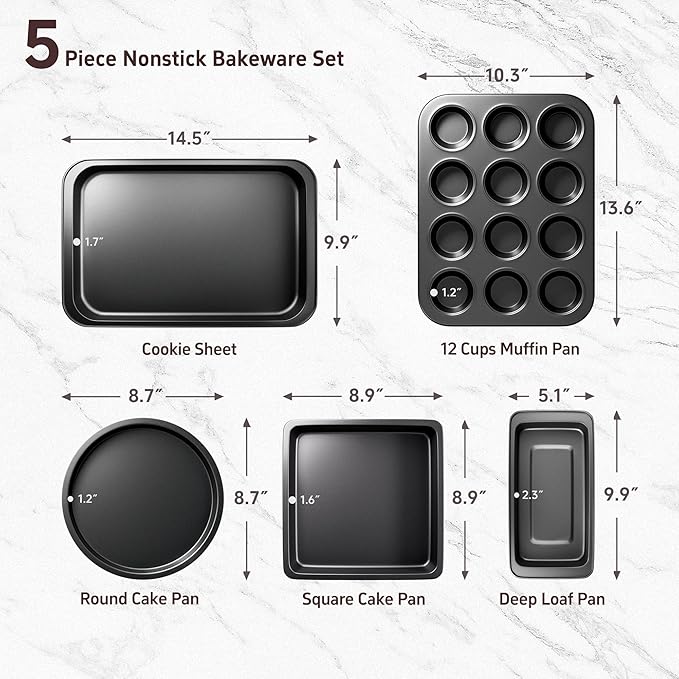 CasaCulina Baking Pans Set, 5-Piece Nonstick Bakeware Sets with Round/Square Cake Pan, Muffin Loaf Roast Pan, Baking Sheets for Oven, Kitchen Cookware Sets Baking Tray Baking Supplies, Black