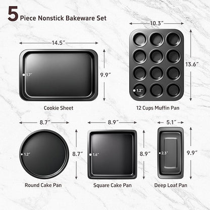 CasaCulina Baking Pans Set, 5-Piece Nonstick Bakeware Sets with Round/Square Cake Pan, Muffin Loaf Roast Pan, Baking Sheets for Oven, Kitchen Cookware Sets Baking Tray Baking Supplies, Black