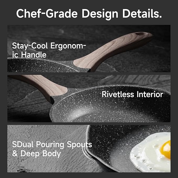 JEETEE 9.5 Inch Nonstick Frying Pan Stone Coating Cookware, Nonstick Omelette Skillet with Soft Touch Handle, Compatible with All Stoves - Image 4